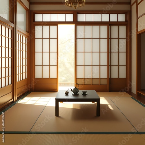 A peaceful Japanese-style room with a low table, tea set, and soft natural light filtering through shoji doors. Zen-inspired minimalism, no people, ultra-realistic detail.