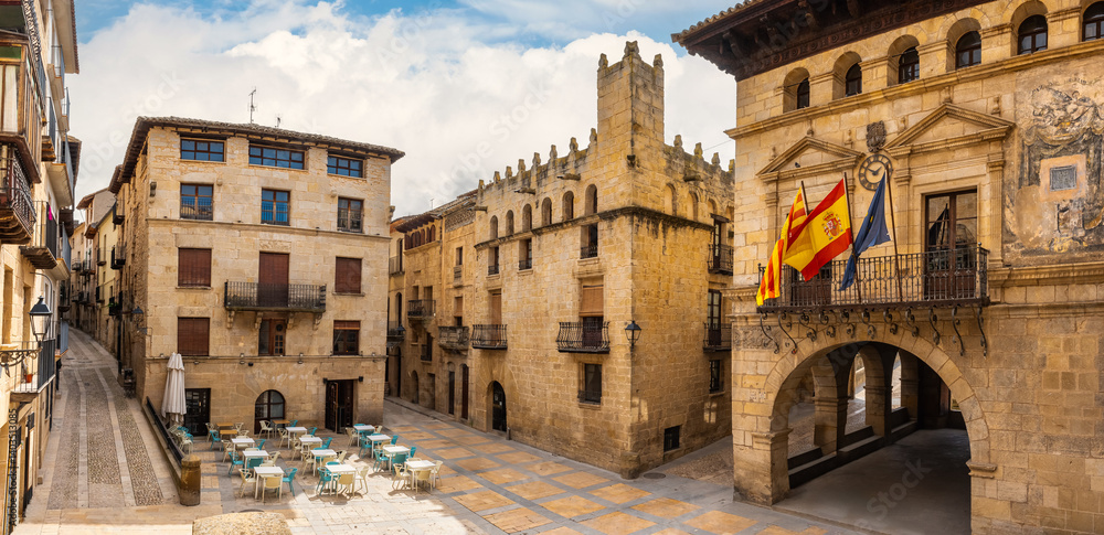 Fototapeta premium Plaza Mayor in the picturesque village of Valderrobres with medieval stone houses, Teruel, Matarrana.
