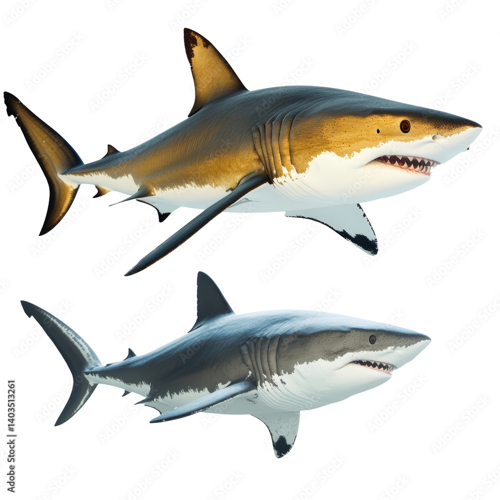Fototapeta premium Magnificent great white shark swimming in deep ocean waters captured in action displaying its power and grace isolated on a white background.