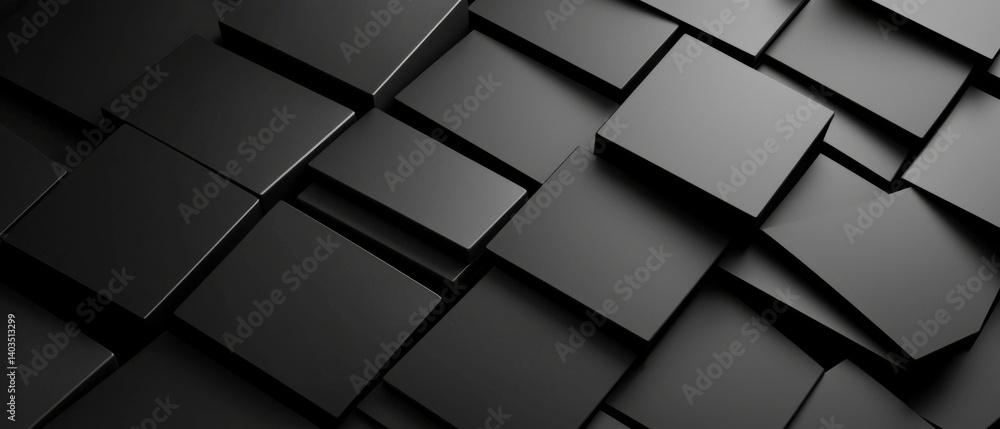 Fototapeta premium Minimalist, contemporary abstract design featuring a repeating grid of black squares with glowing, luminous intersections