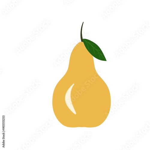 A simple digital illustration of a yellow pear with a green leaf and a dark brown stem, shown on a white background