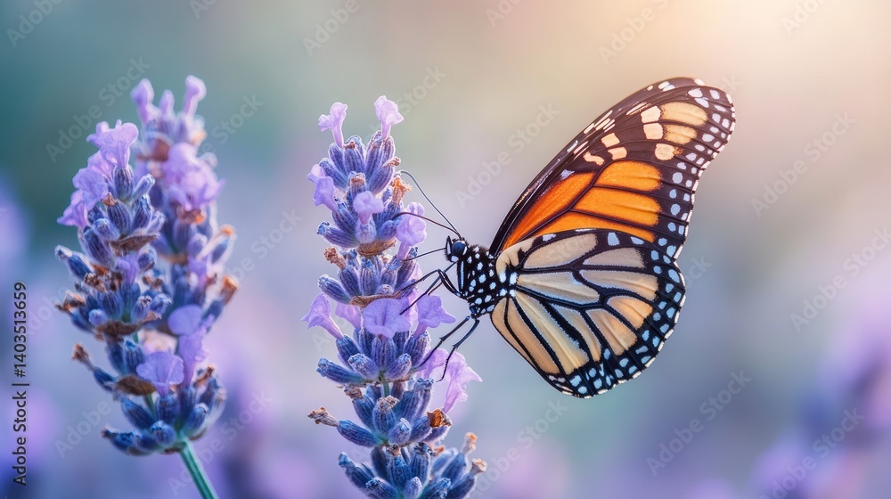 Fototapeta premium Monarch butterfly on lavender, garden, summer