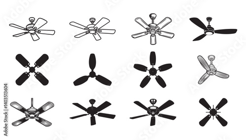 Ceiling Fan Vector Set – Silhouettes and Line Art Icons for Home Cooling and Interior Fixtures