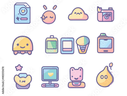 Cute pastel-colored cartoon icons set, including cloud, camera, jelly fish, computer, and more