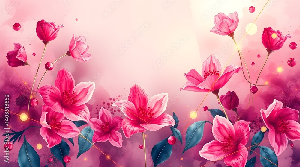 Fototapeta premium Pink Floral Fantasy: Delicate Watercolor Flowers for Elegant Designs. Romantic Blossoms, Springtime Beauty & Artistic Floral Backgrounds