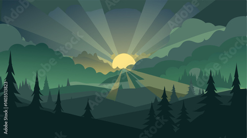 The suns rays piercing through the fog casting an eerie glow over the forest.