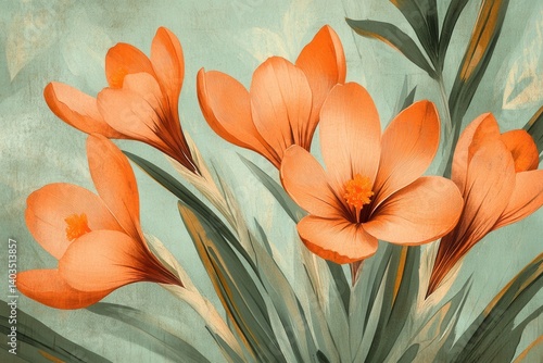 Orange blossoms with green leaves painted against a pale background