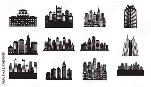 City Skyline Silhouette Vector Set – Urban Building Icons and Cityscape Landmarks