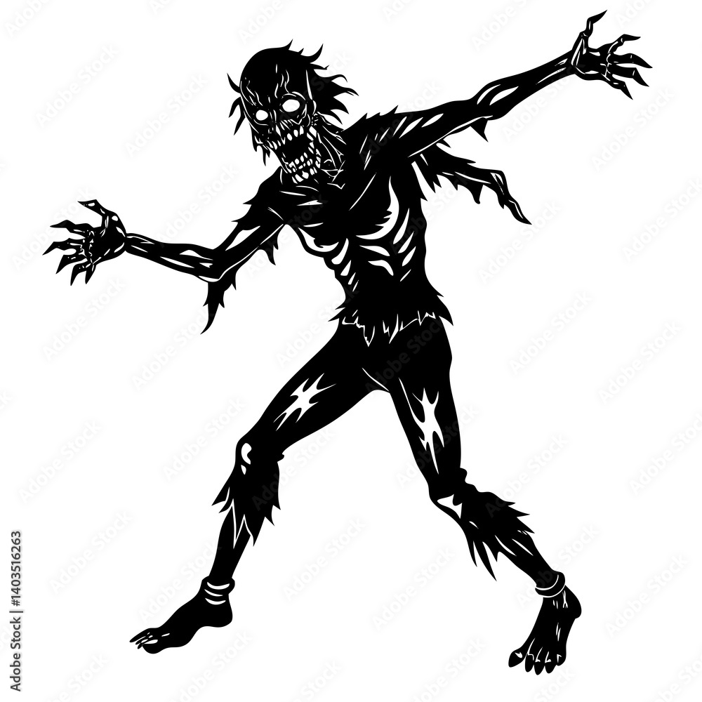 Fototapeta premium A zombie walking with outstretched arms, white background