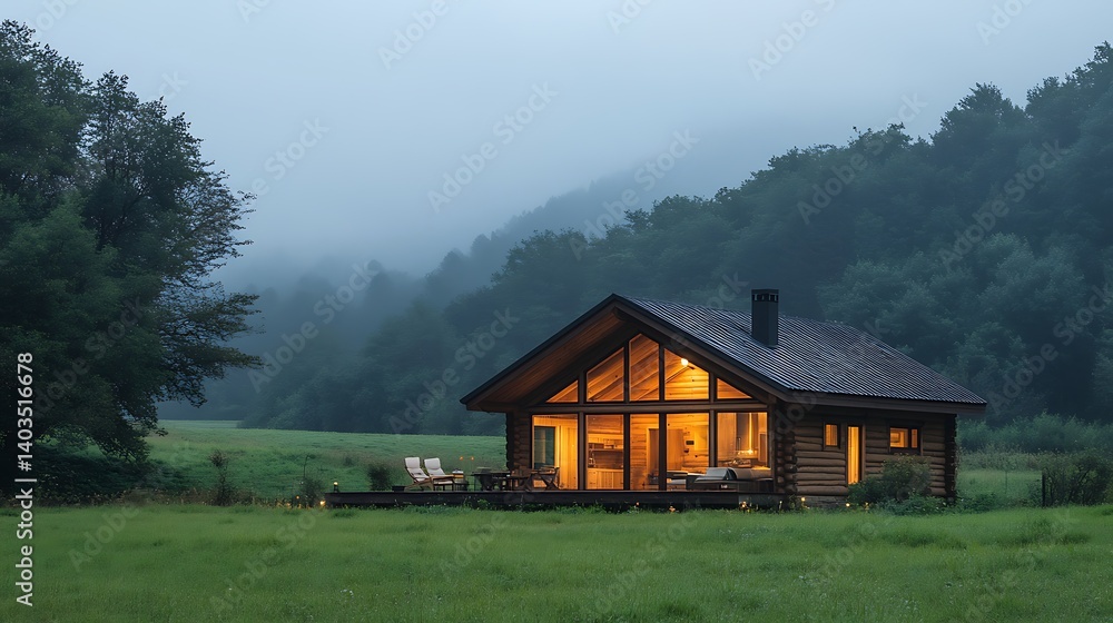 Cozy Cabin in Lush Green Landscape, A cozy wooden cabin with glowing lights sits in a lush green landscape under a cloudy sky Cozy Cabin in Lush Green Landscape, A cozy wooden cabin with glowing lights sits in a lush green landscape under a cloudy sky