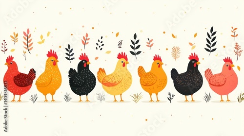 Colorful Chickens in Autumnal Setting: A Delightful Farm Illustration