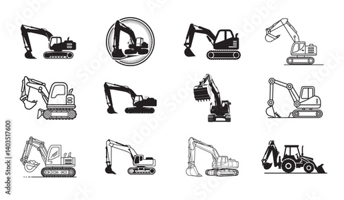 Excavator Vector Icons – Construction Equipment, Diggers, Bulldozers & Earthmovers Set