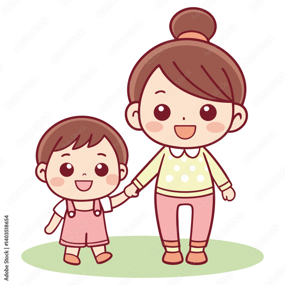 Cartoon Asian Mother with Child Holding Hands Walking on Green Grass Cartoon Asian Mother with Child Holding Hands Walking on Green Grass