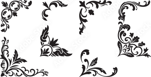 Set of vintage floral corner ornaments. Elegant baroque frame decorations in black vector for invitations, borders, design, and decor art