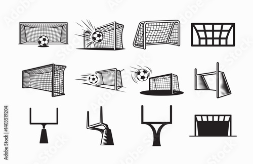 Soccer and Football Goal Post Vector Icons – Net Goals, Kicks, and Scoring Silhouettes