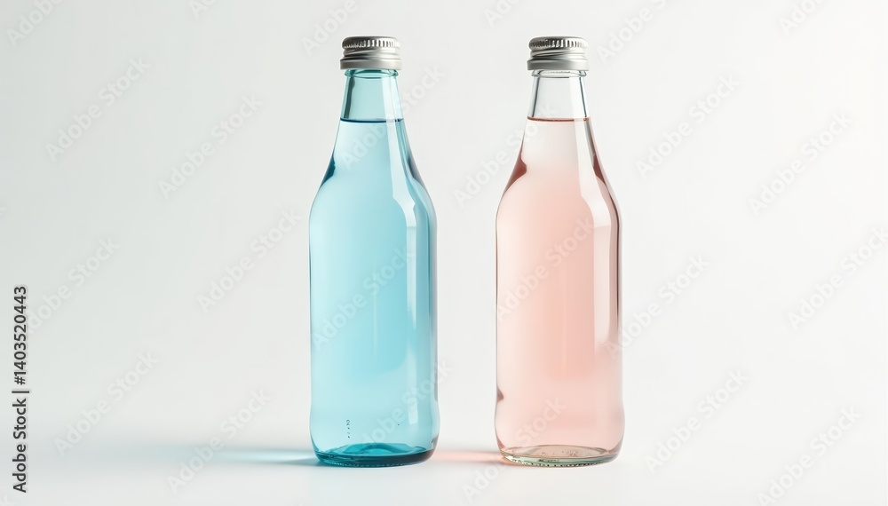 Two glass bottles of mineral water with labels, isolated on white background, hydration, glass Two glass bottles of mineral water with labels, isolated on white background, hydration, glass