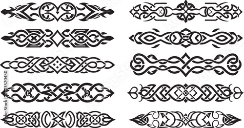 Ornamental tribal divider vector set decorative borders, vintage tattoo style flourishes, ethnic art line elements