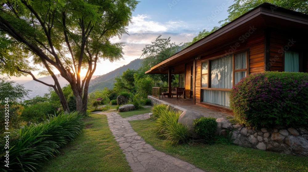 Eco-Friendly Wooden Cabin in a Natural Resort Setting at Sunset Eco-Friendly Wooden Cabin in a Natural Resort Setting at Sunset