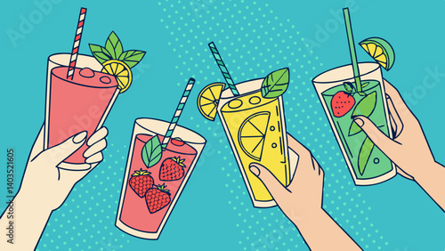 Hands Holding Vibrant Summer Drinks with Straws