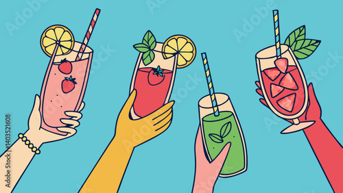 Four Hands Raising Colorful Summer Drinks for a Toast

