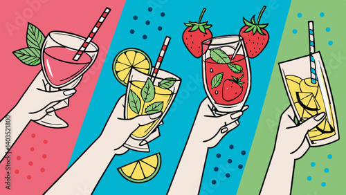 Four Hands Holding Assorted Colorful Summer Drinks on Varied Backgrounds