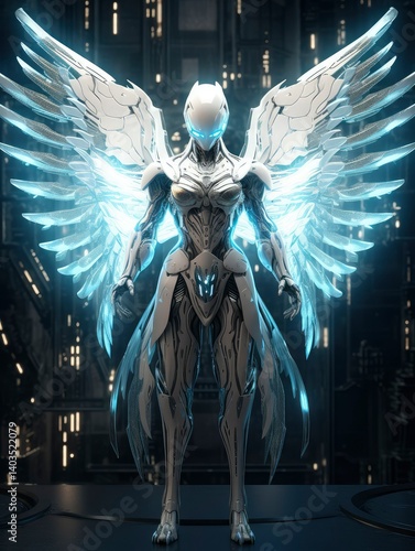 Futuristic Angel Cyborg with Luminous Wings in a Cyberpunk Cityscape