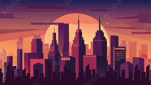 The city skyline at dusk is a dramatic scene with the buildings seemingly reaching for the last rays of the setting sun.
