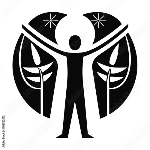 A human figure embracing life, symbolized by flourishing plants, under a radiant celestial glow in a bold black and white graphic design.