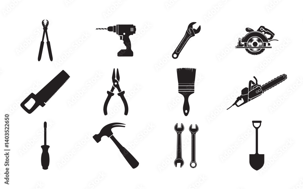 Hand Tools and Construction Equipment Icon Set – Vector DIY & Workshop Tool Silhouettes Hand Tools and Construction Equipment Icon Set – Vector DIY & Workshop Tool Silhouettes