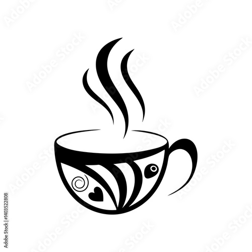 A steaming mug of warmth, adorned with swirling hearts and abstract patterns, a cozy symbol of comfort and joy in a bold black and white illustration.