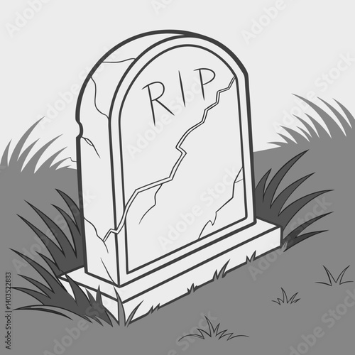 A weathered tombstone, cracked and aged, stands silently amidst overgrown grass, a poignant reminder of a life passed in a monochrome sketch.