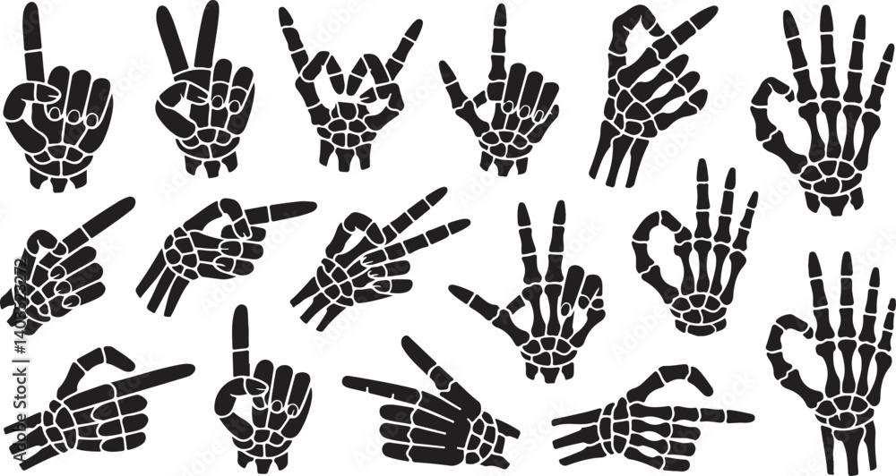 Naklejka premium Skeleton hand gesture vector set black spooky bone hands in rock, peace, point, OK signs, Halloween gothic skull style clipart