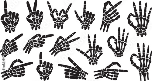 Skeleton hand gesture vector set black spooky bone hands in rock, peace, point, OK signs, Halloween gothic skull style clipart