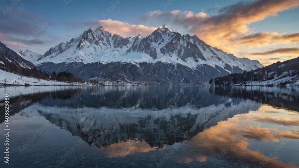Obraz premium Mount Mont Blanc covered in the snow reflecting on the water in the evening in Chamonix,