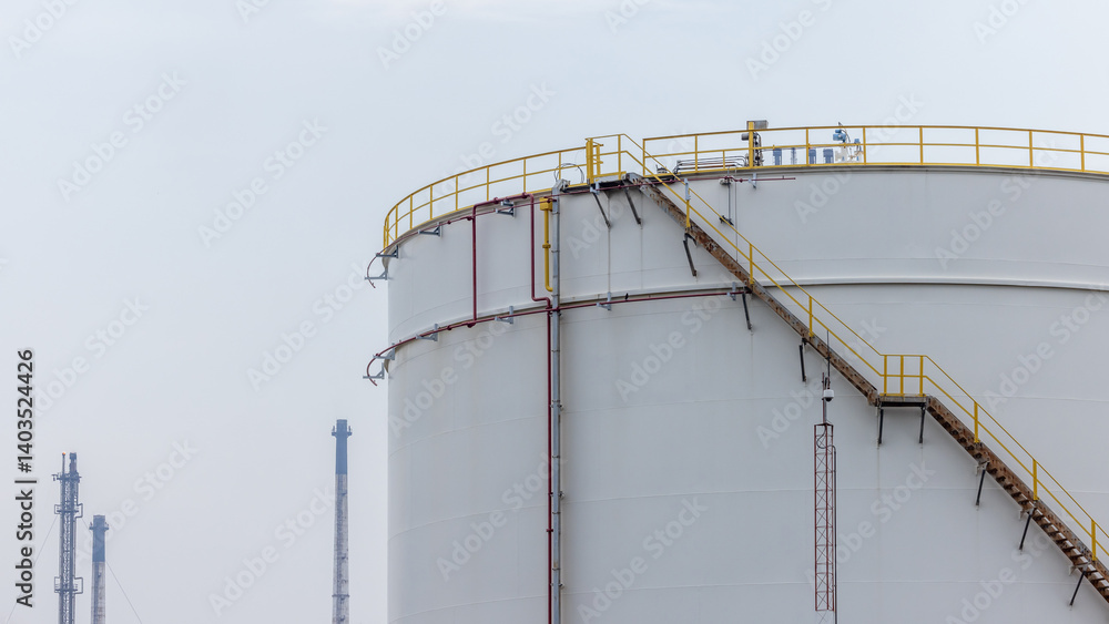 White oil storage tank at oil and gas refinery industrial zone, Business industrial factory oil and gas refinery, Crude oil and gas storage tank business logistic and transportation.