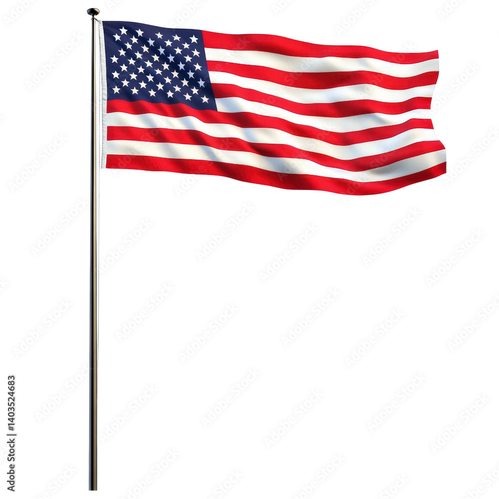 The american flag waving proudly in the breeze against a bright blue sky symbolizing freedom and patriotism isolated on a white background. The american flag waving proudly in the breeze against a bright blue sky symbolizing freedom and patriotism isolated on a white background.