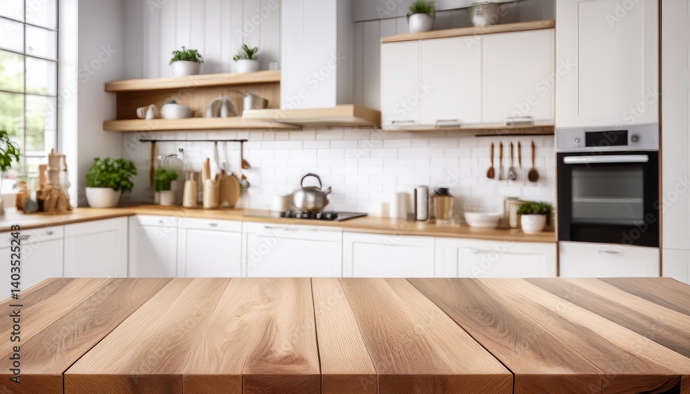© Laura - wooden table top on white and bright modern kitchen interior background © Laura - wooden table top on white and bright modern kitchen interior background