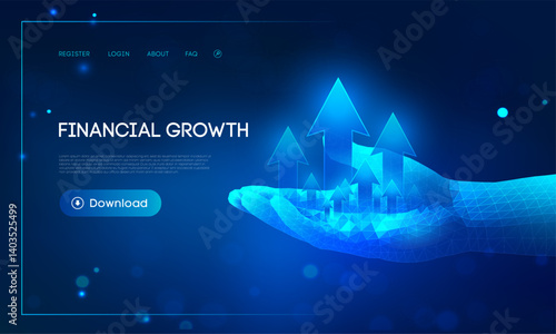 Financial growth concept futuristic digital hand with glowing upward arrows symbolizing investment success and economic progress. Blue technology background for business and fintech concepts