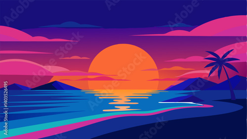 The vibrant shades of orange pink and purple create a stunning contrast against the deep blue of the ocean at this tranquil sunset beach.