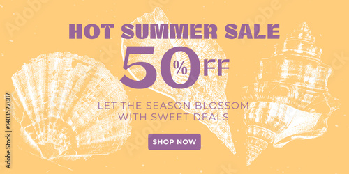 Summer sale banner with vintage photocopy seashells on yellow background. Advertising template for social media, web promotions, newsletters, online stores, and seasonal marketing campaigns.