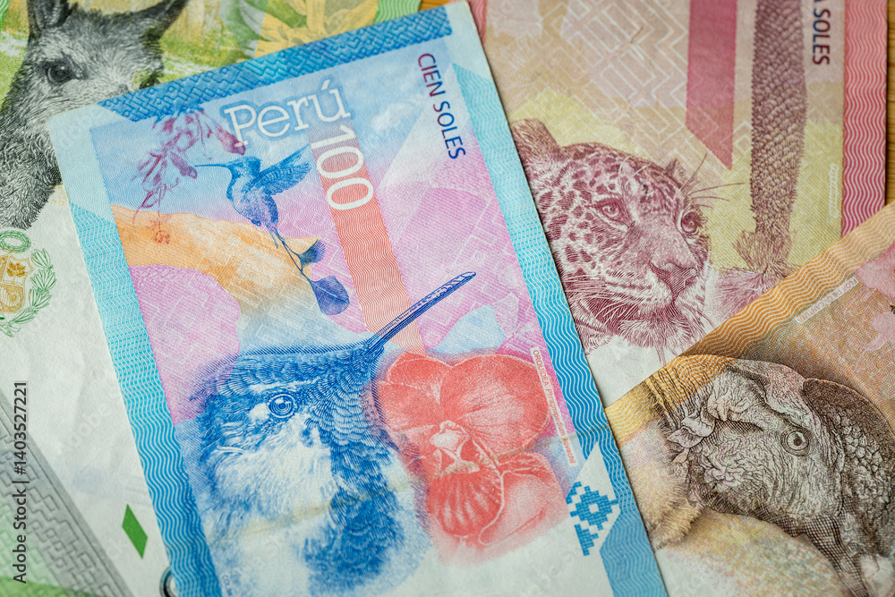 Peru money. Financial background. Peruvian banknotes. Business concept. PEN currency symbol. closeup