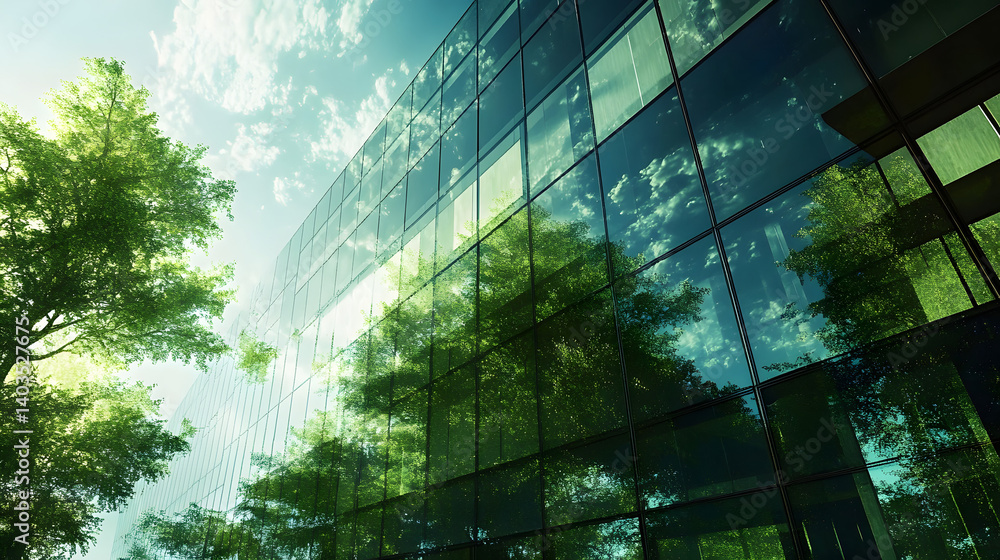 Exemplifying the ESG - Environmental, Social, Governance concept, a corporate glass building facade reflects green trees. Importance of integrating sustainability into business practice. Generative AI