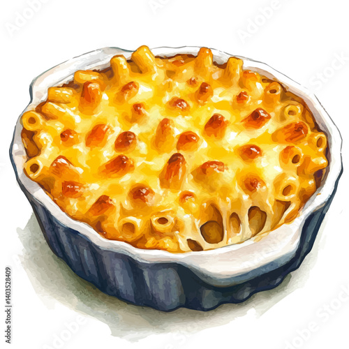 Macaroni And Cheese Bubbling In A Dish, vector watercolor illustration, isolated on a white background.