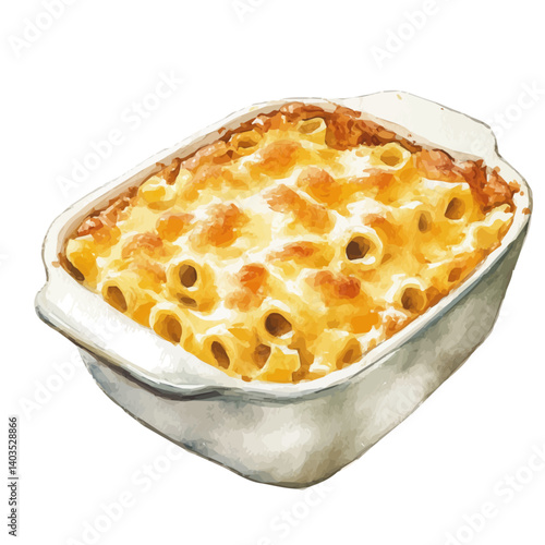 watercolor of Macaroni And Cheese Bubbling In A Dish, vector, isolated on a white background.