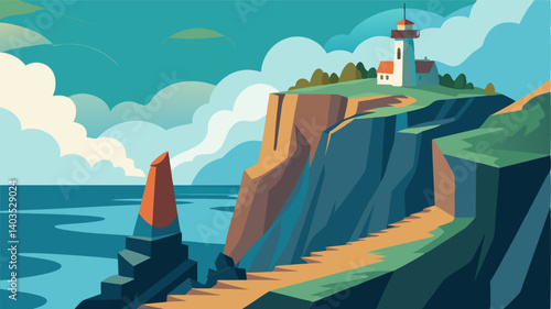 The rocky cliff and the lighthouse seem to be one seamlessly merging into the natural landscape and adding to its beauty.