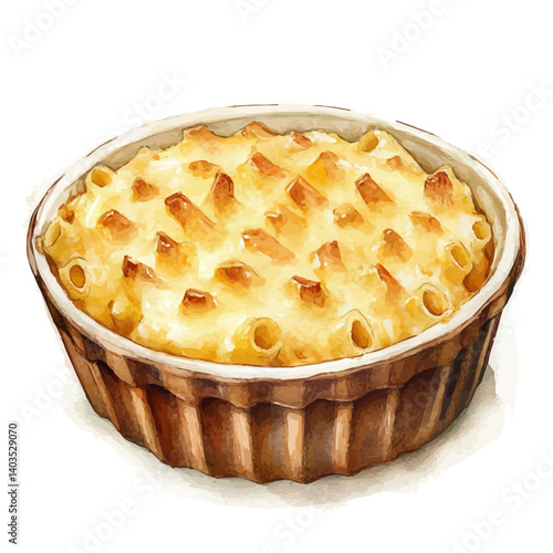 Macaroni And Cheese Bubbling In A Dish, vector watercolor illustration, isolated on a white background.