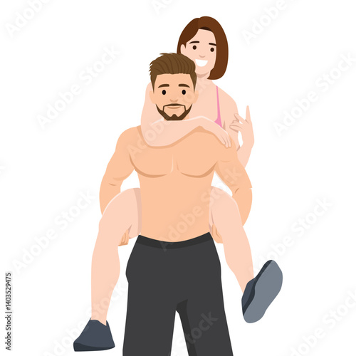 Woman enjoys a piggyback ride on a muscular, shirtless man, capturing a fun and affectionate moment. Flat vector illustration isolated on white background