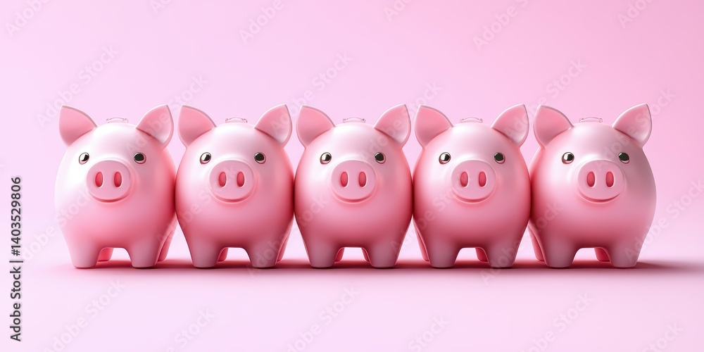 Collection of piggy banks lined up against a pink background showcasing savings and financial planning ideas Collection of piggy banks lined up against a pink background showcasing savings and financial planning ideas