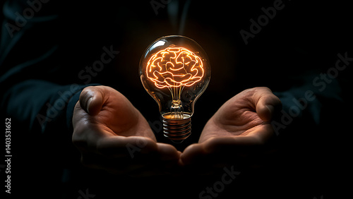 An image of a glowing brain inside a lightbulb, held in cupped hands, symbolizes innovation and creativity. The dark background focuses attention on the lightbulb and its illuminating brain.