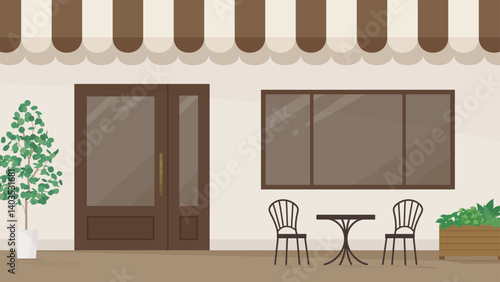 カフェの入り口の背景イラスト_茶色_16:9